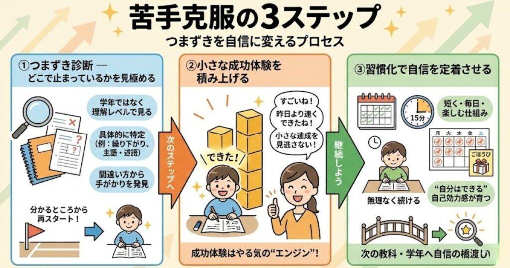 「苦手克服の3ステップ」
①つまずき診断→②成功体験→③習慣化