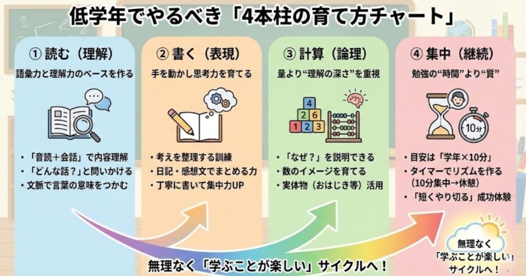 「4本柱の育て方チャート」
読む（理解）／書く（表現）／計算（論理）／集中（継続）