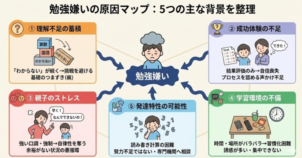  【図の目的】勉強嫌いの原因マップ
 （理解不足・成功体験不足・親子ストレス・環境・特性の5軸を整理）