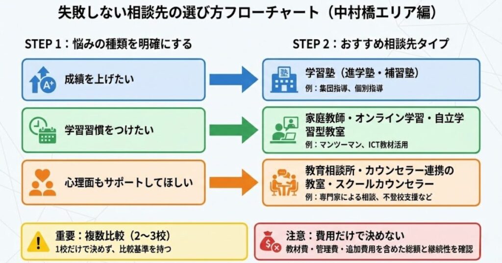 【図の目的】選び方フローチャート
（悩みの種類→おすすめ相談先タイプ）
