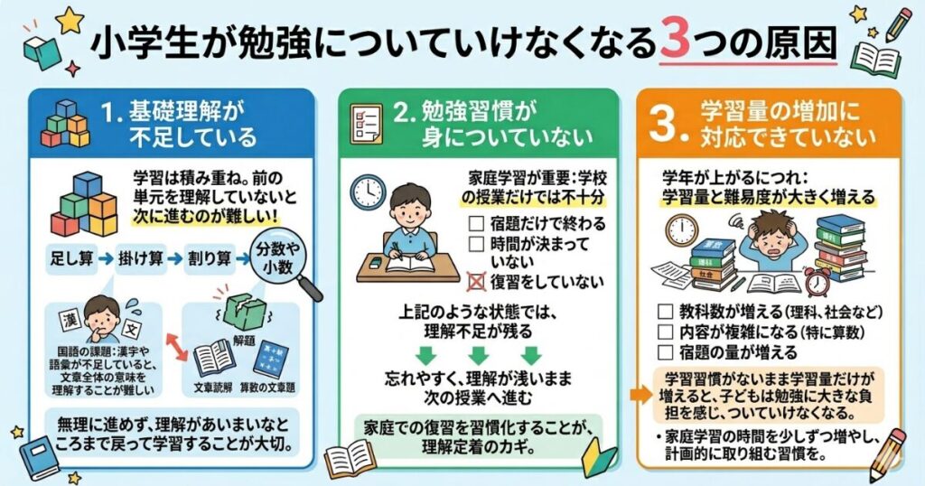 小学生が勉強についていけなくなる3つの原因